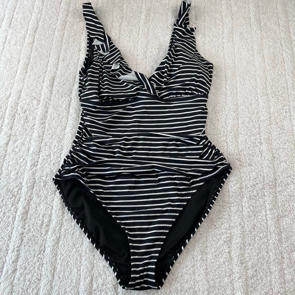 Lauren Ralph Lauren Swimsuit Black White Stripe Ruffle Top Size 12